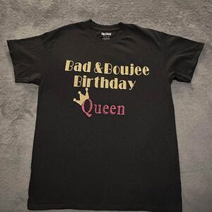 Women’s Black/ Gold/Pink Sparkly “Bad & Boujee Birthday Queen” Graphic T-Shirt